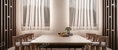 Preview: A dining room with square table and chairs beside the window with flowing curtains.