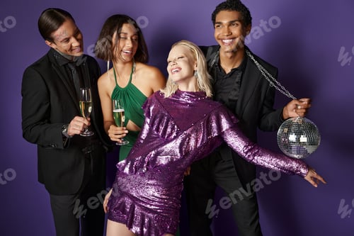 Preview: New Year party, group of joyful interracial friends holding glasses of champagne and disco ball
