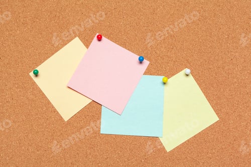 Preview: Sticky note pinned on cork board with thumbtacks