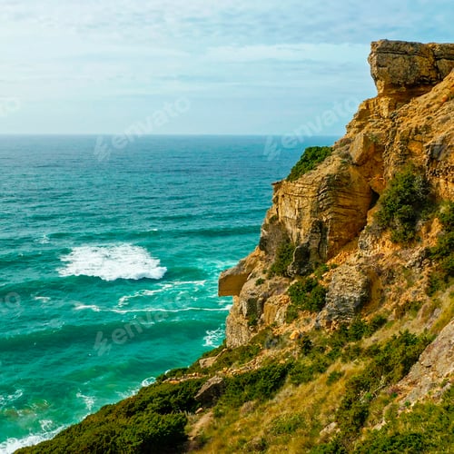 Preview: Natural oceanscape with mountains - Drone top view. Beautiful landscape of Atlantic ocean coastline