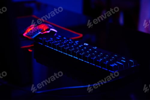 Preview: Computer game workplace in dark room