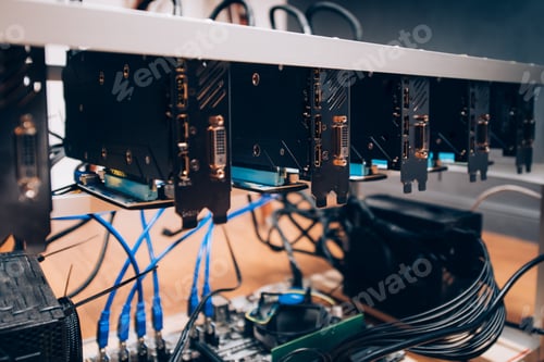 Preview: Cryptocurrency mining rig, creating bitcoin. Details of graphics cards in modern industry