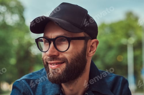 Preview: Portrait of a bearded hipster in glasses and cap outdoors.