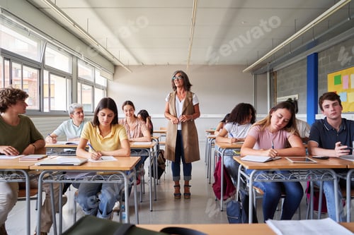 Preview: Teacher watching students taking exam in classroom.