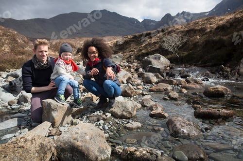 Preview: Family by stream, Fairy Pools, Isle of Skye, Hebrides, Scotland