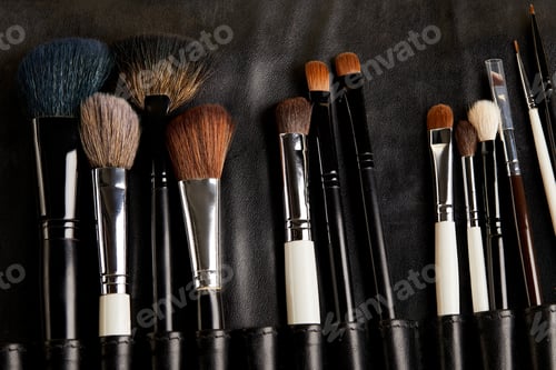 Preview: top view of leather holder with professional makeup brushes