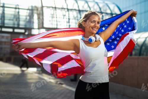 Preview: Portrait of beautiful young fit woman with USA flag. Sport people success healthy lifestyle concept