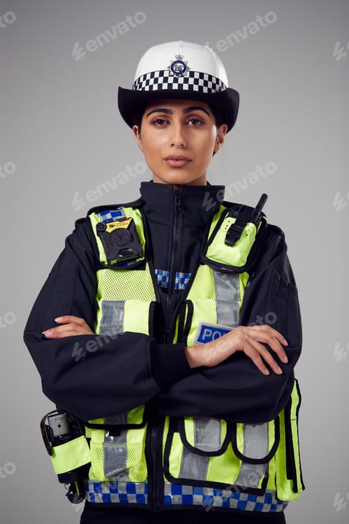 Preview: Studio Portrait Of Serious Young Female Police Officer Against Plain Background