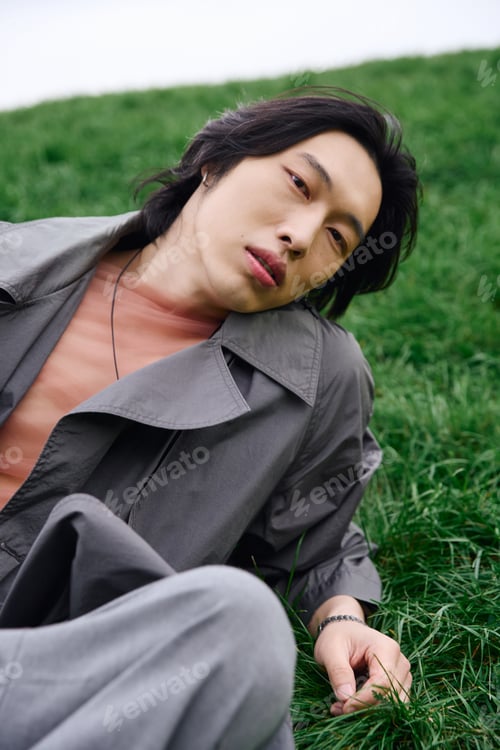 Preview: Stylish young man relaxing in a serene park setting surrounded by lush green grass