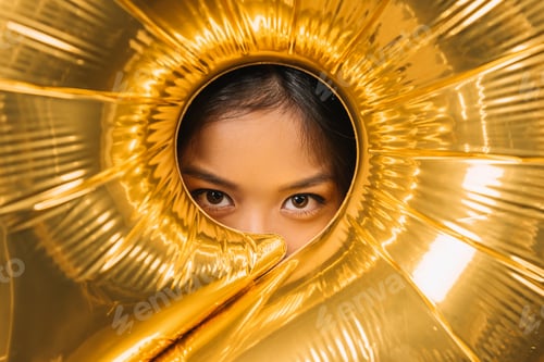 Preview: obscured view of woman looking at camera through balloon