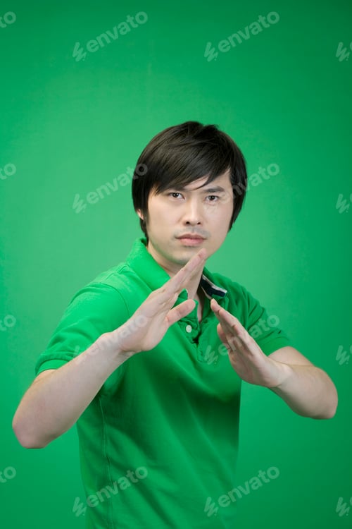 Preview: Man in green on green background practicing kung fu