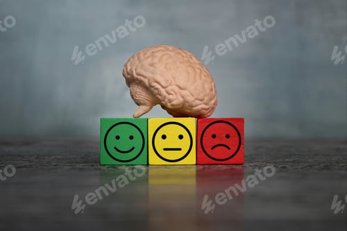 Preview: Brain and wooden cubes with happy, neutral and sad face