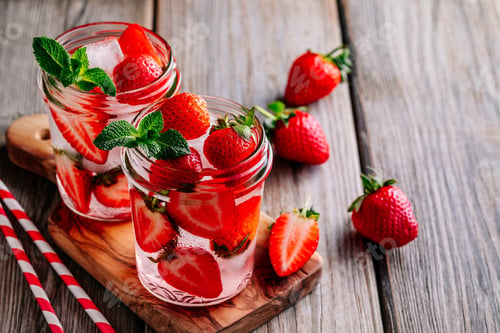Preview: Hibiscus strawberry rhubarb iced tea with mint. Ice cold summer cocktail or lemonade in mason jar