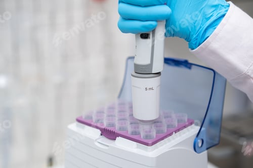 Preview: Close up scientist hand takes plastic tip for automatic pipette from the box for sample collection
