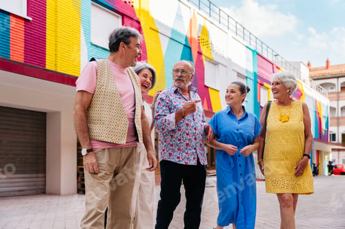 Preview: Group of senior friends meeting outddors in the city and having fun