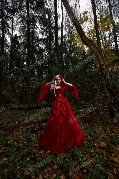 Preview: Stylish and fashionable model girl in the image of Maleficent posing among mystic forest - fairytale