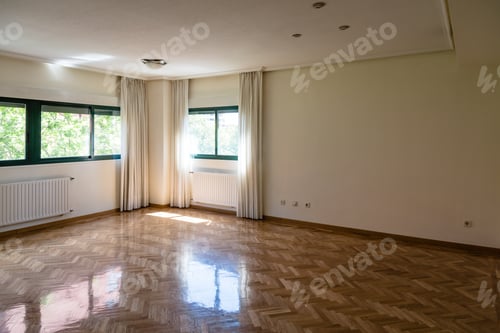Preview: Interior of the empty living room with white walls and wooden floor
