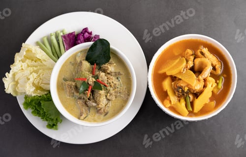 Preview: Chicken green curry in a white cup and Snakehead fish curry on the cement ground