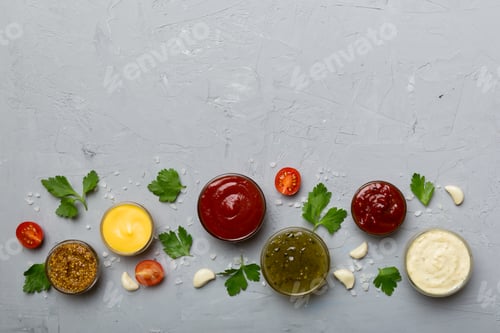 Preview: Many different sauces and herbs on table, flat lay top view. sauces with spices healthy concept