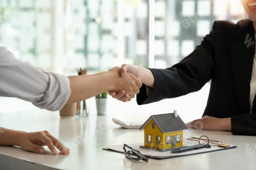 Preview: Real estate broker and customer shaking hands after signing a contract: real estate, home loan and