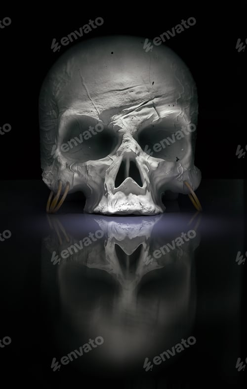 Preview: Vertical illustration of a human skull on a black background
