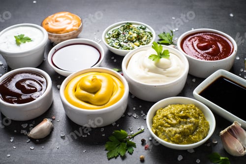Preview: Sauce set assortment - mayonnaise, mustard, ketchup and others.