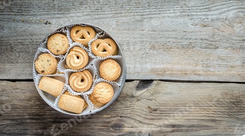 Preview: Delicious Cookies Arranged in a Round Tin