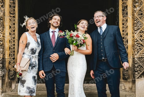 Preview: Newly weds with their family outside of church
