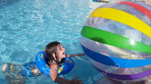 Preview: Cute Gen z kid having a ball in pool as kids being kids on vacation in rainbow colors.