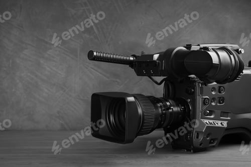 Preview: Video camera on grey wooden table, closeup