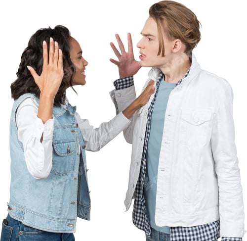 Preview: two girls whispering to each other with their hands on their faces