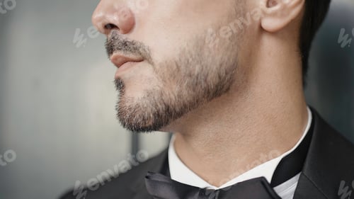 Preview: Close-up of man in elegant suit with bow tie. Action. Man in suit for event. Man with elegant suit