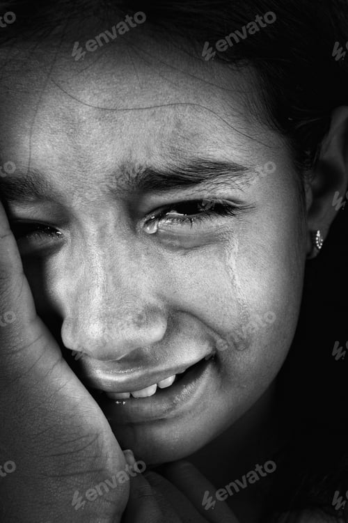Preview: Crying Girl, Tears On Cheeks, Low Light Key, Added Grain, Black And White