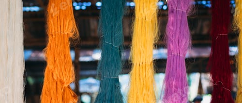 Preview: Colorful silk threads dyed with natural materials in traditional Thai countryside sericulture.