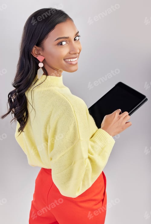 Preview: Happy, portrait and a woman with a tablet for an email, communication and the internet. White backg