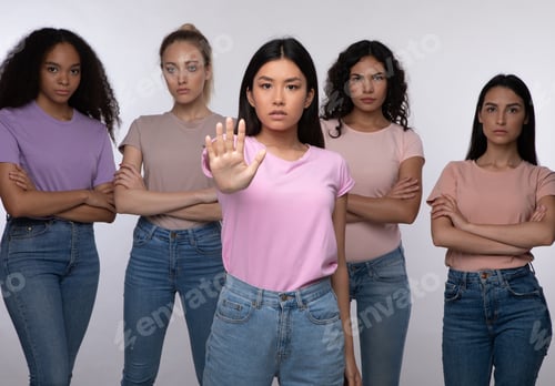 Preview: Asian Lady Gesturing Stop Standing With Group Of Women, Studio