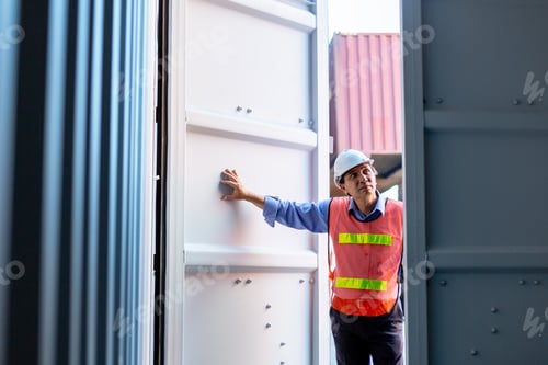 Preview: Foreman wearing uniform and hardhat industrial logistic opening door container cargo,