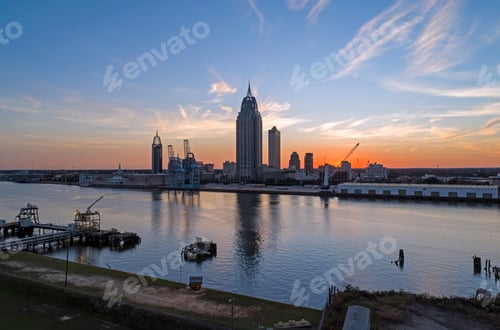 Preview: Aerial view of downtown Mobile at sunset