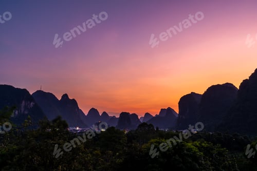 Preview: Yangshuo landscape panorama at dusk