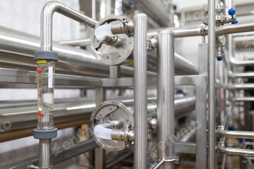 Preview: Steel pipelines and cables in factory interior as industrial zone background concept