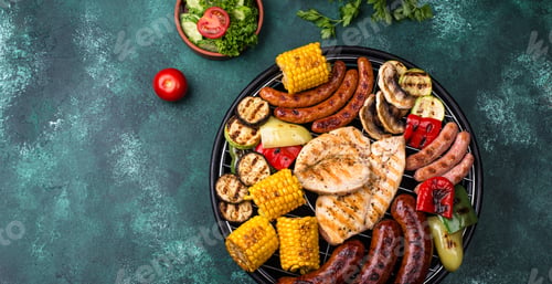 Preview: Grilled sausages, meat, and vegetables.