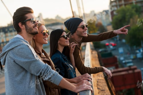 Preview: Look At That! Group Of Young People Standing Close To Each Other On The Bridge While One Cheerful