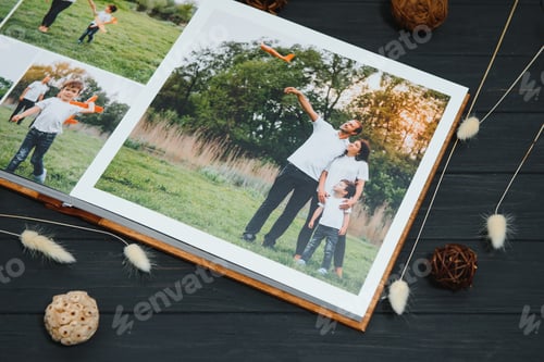 Preview: premium photo book, large size, natural wood cover, quality binding. Family photobook