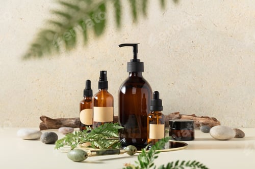 Preview: Amber glass bottles on beige background