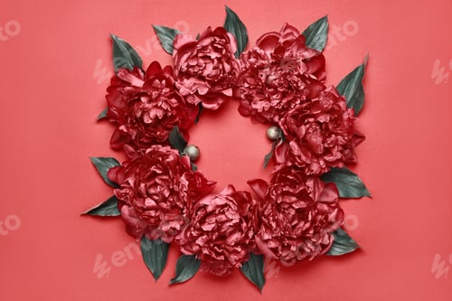Preview: Surreal peonies frame on red background. Beauty floral background. Festive flowers concept