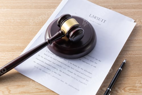 Preview: Selective focus shot of a gavel on documents - law concept