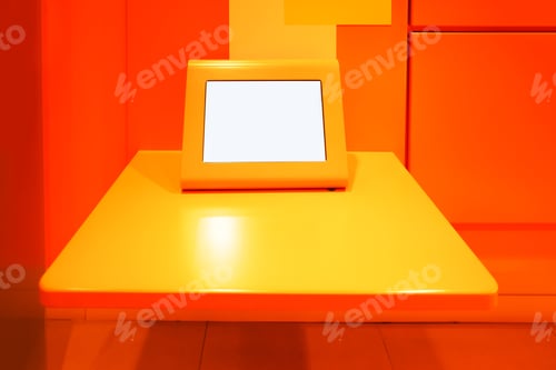 Preview: An office with orange tones design and a computer with blank screen.