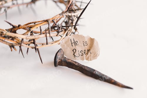 Preview: He is Risen. Jesus Crown Thorns and nails and cross on a white background. Easter Day