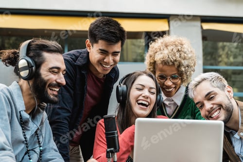 Preview: Happy people doing podcast online using microphone and laptop computer - Main focus on asian man