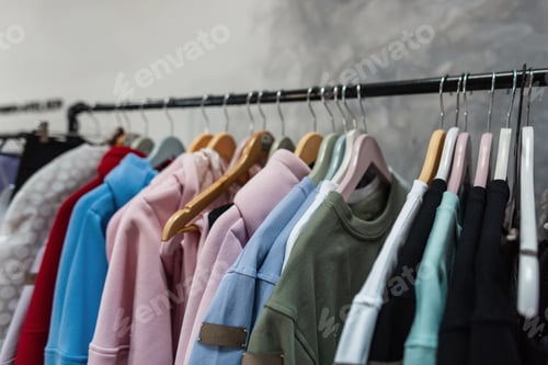 Preview: Colorful youth cashmere sweaters and hoodies, sweatshirts and on a clothes rack. clothes store